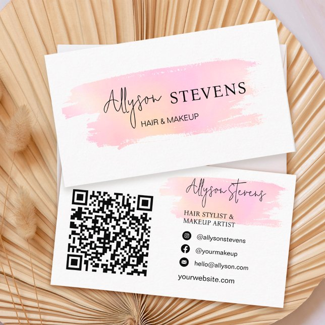 Logo script pink rainbow hair makeup qr code business card (Creator Uploaded)