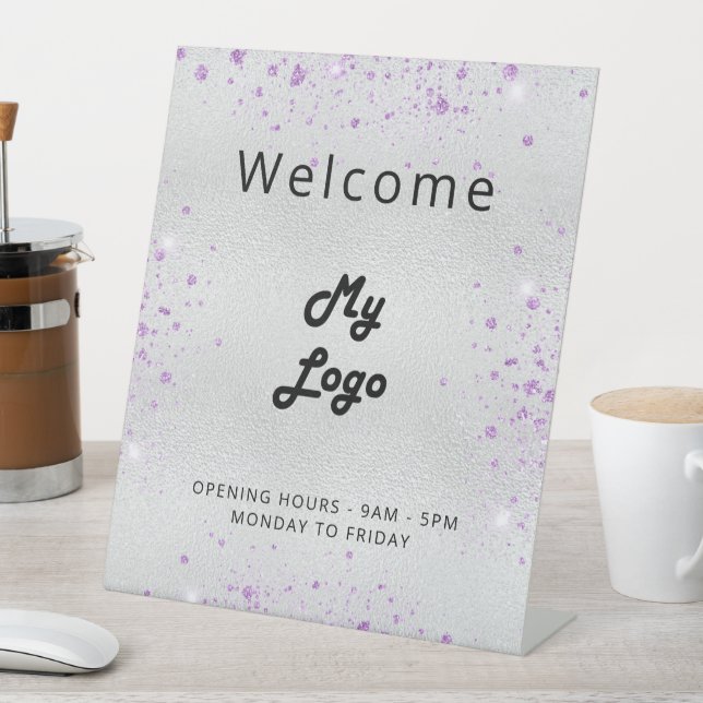 Logo silver lavender welcome business pedestal sign (In SItu)