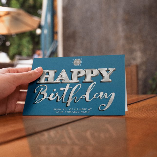 Logo Silver Lettering Teal Blue Business Birthday Card (Creator Uploaded)