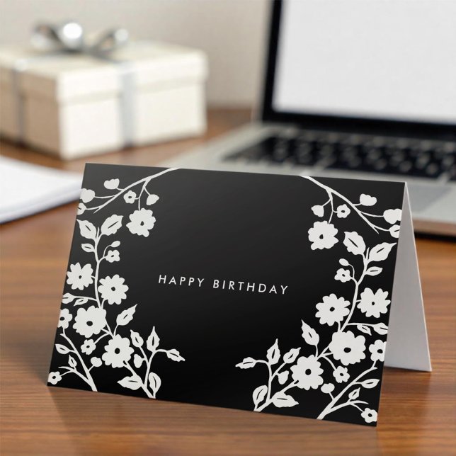 Logo Simple Black White Folk Flowers Birthday Card (Creator Uploaded)