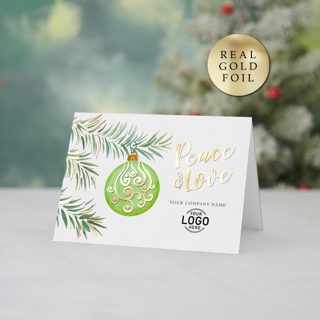 Logo Simple Christmas Green Decor Business Foil Holiday Card (Creator Uploaded)