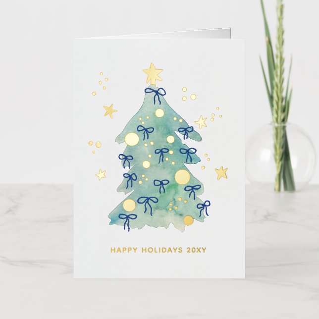 Logo Simple Christmas Tree Blue Ribbons Business Foil Holiday Card (Front)