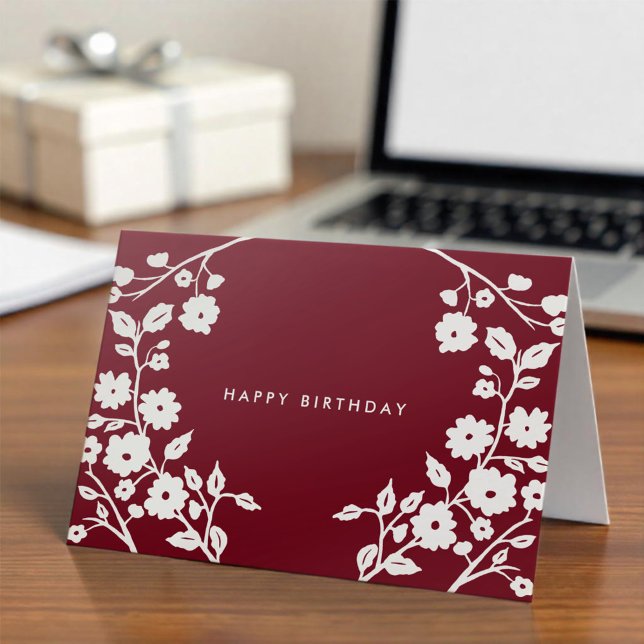 Logo Simple White Folk Flowers Burgundy Birthday Card (Creator Uploaded)
