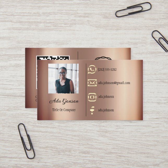  Logo Social Media QR Code Photo Rose Gold  Business Card (Front/Back In Situ)