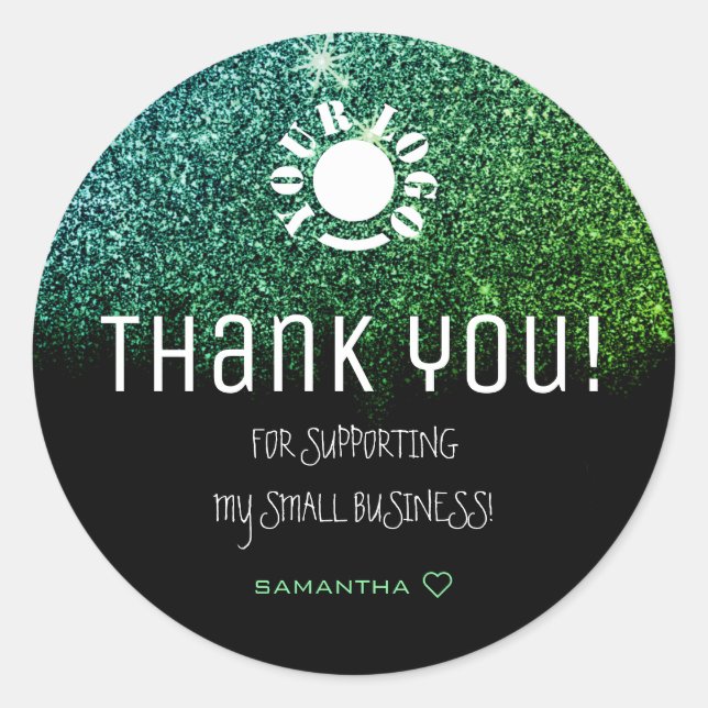 Logo Template Glitter Stars Teal Ombre Thank You Classic Round Sticker (Front)