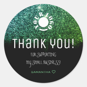 Logo Template Glitter Stars Teal Ombre Thank You Classic Round Sticker