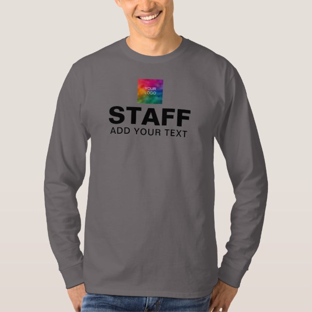 Logo Text Staff Crew Team Long Sleeve Mens Grey T-Shirt (Front)