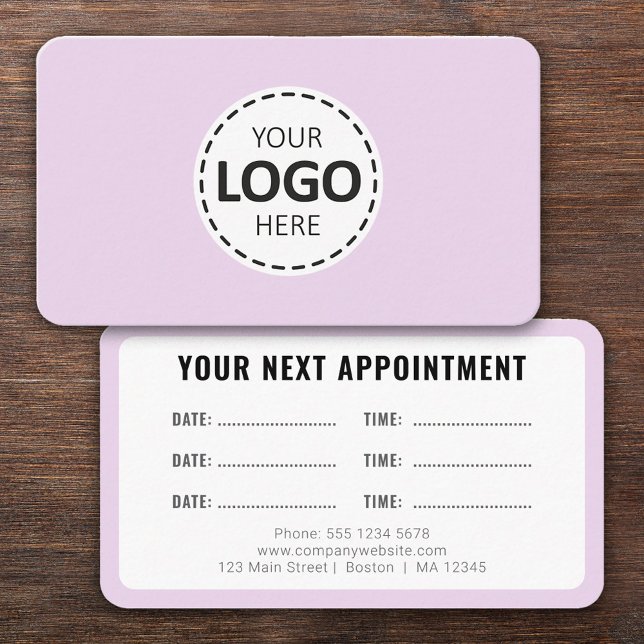 Logo Upload Modern Simple Appointment Lavender Business Card (Creator Uploaded)