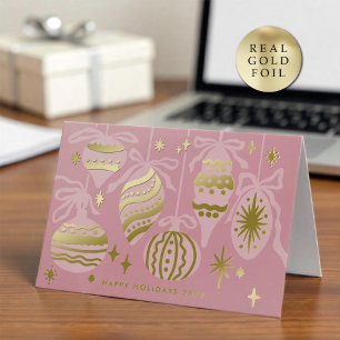 Logo Vintage Blush Pink White Decor Business Gold Foil Holiday Card