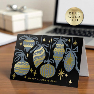 Logo Vintage Grey Dusty Blue Decor Black Business Foil Holiday Card