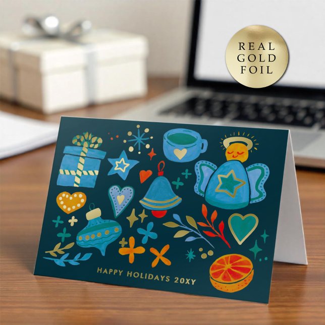 Logo Whimsical Hand Painted  Blue Orange Business Foil Holiday Card (Creator Uploaded)