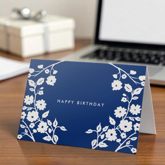 Logo White Folk Flowers Navy Blue Office Birthday Card (Creator Uploaded)
