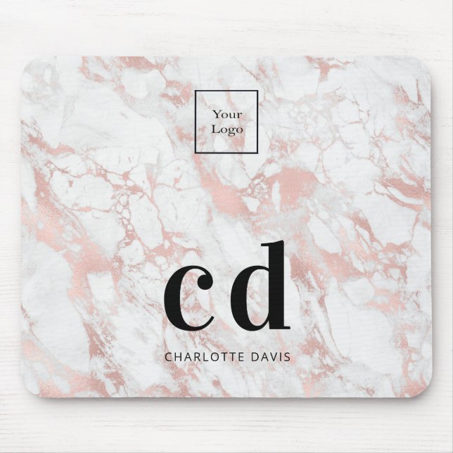 Logo white rose gold monogram marble business mouse pad (Front)
