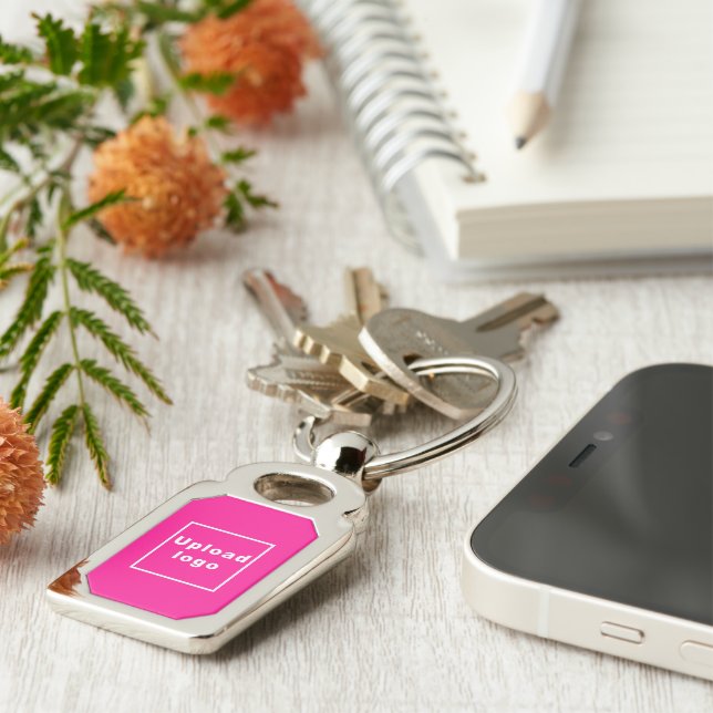 Logo With Pink Background on Rectangle Metal Key Ring (Side)