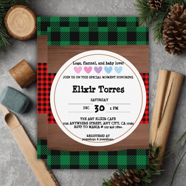 Logs Flannel Rustic Plaid Hearts Baby Shower Invitation (Creator Uploaded)