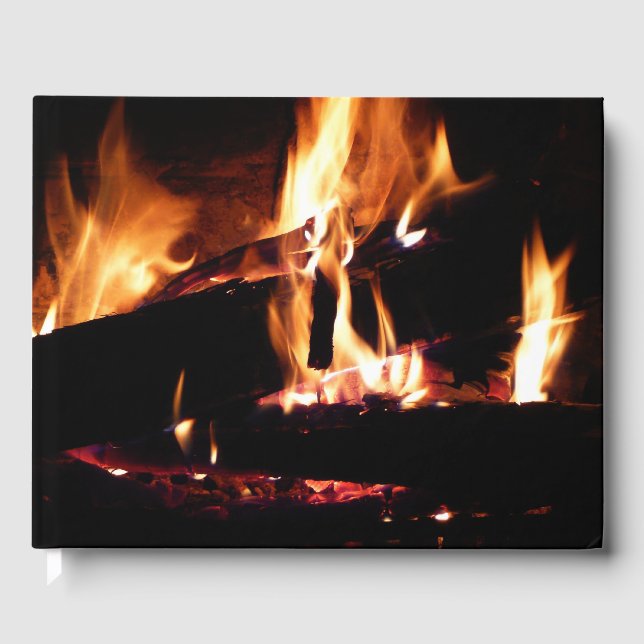 Logs in the Fireplace Warm Fire Photography Guest Book (Front)