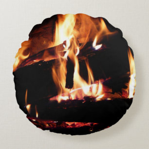 Logs in the Fireplace Warm Fire Photography Round Cushion