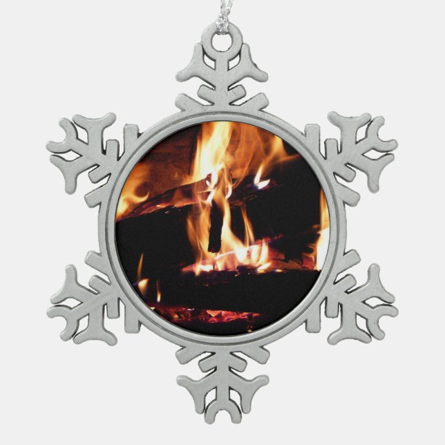 Logs in the Fireplace Warm Fire Photography Snowflake Pewter Christmas Ornament (Front)