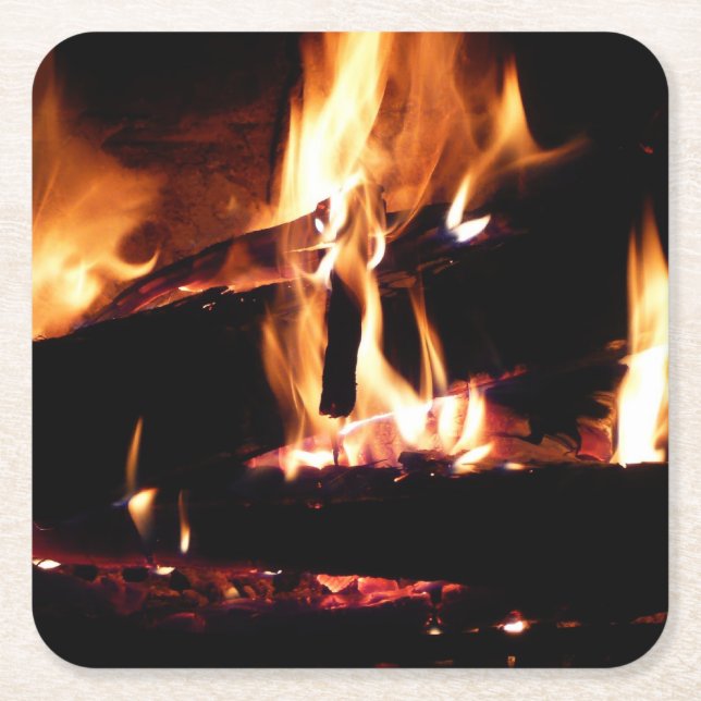 Logs in the Fireplace Warm Fire Photography Square Paper Coaster (Front)