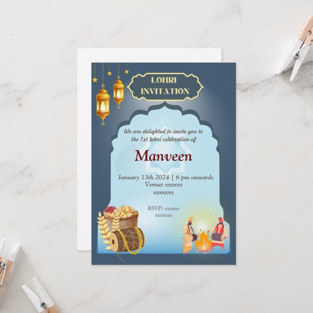 Lohri Invitation- Grey & Blue Invitation (Front/Back In Situ)