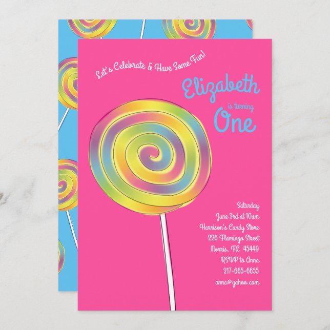 Lollipop Rainbow Candy Kids 1st Birthday Party Invitation (Front/Back)