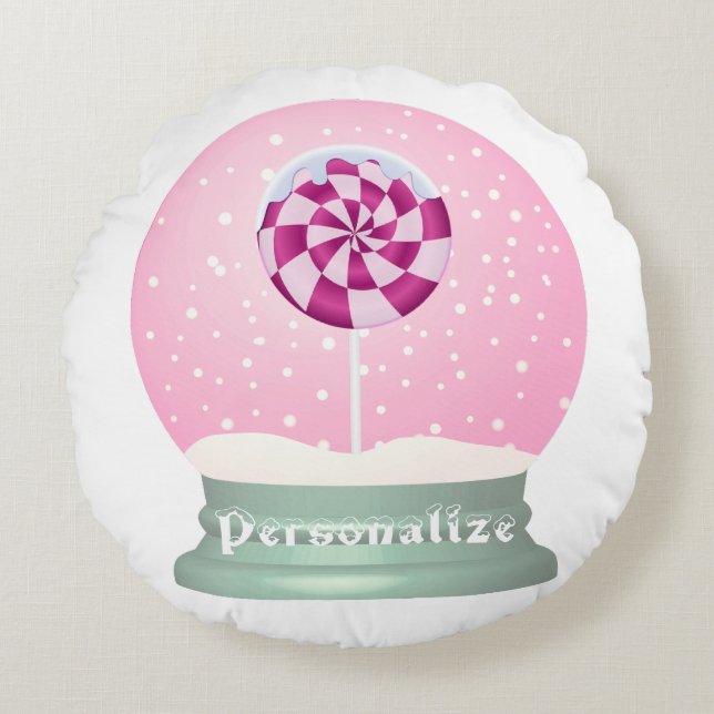 Lollipop snow globe cute pink girl winter round cushion (Front)