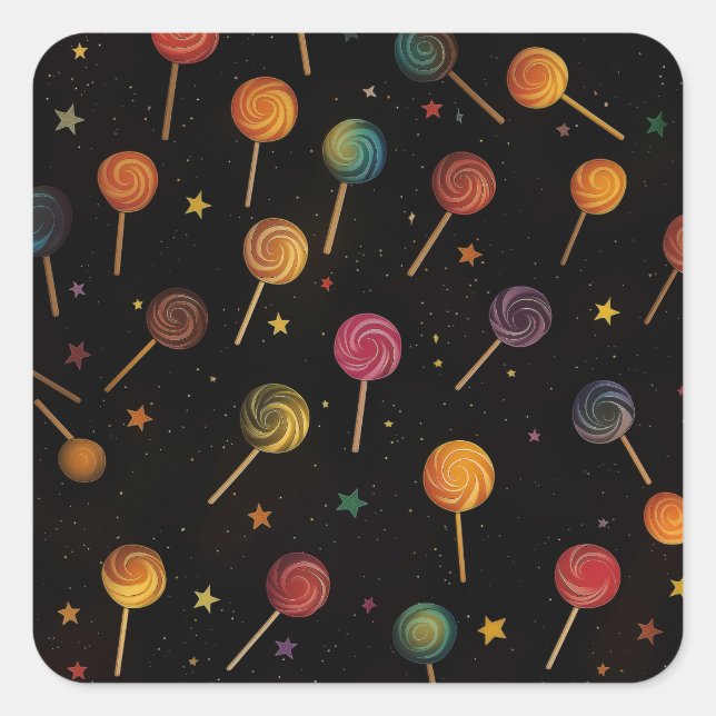Lollipops in Space - Rainbow Stars Galaxy Black Square Sticker (Front)