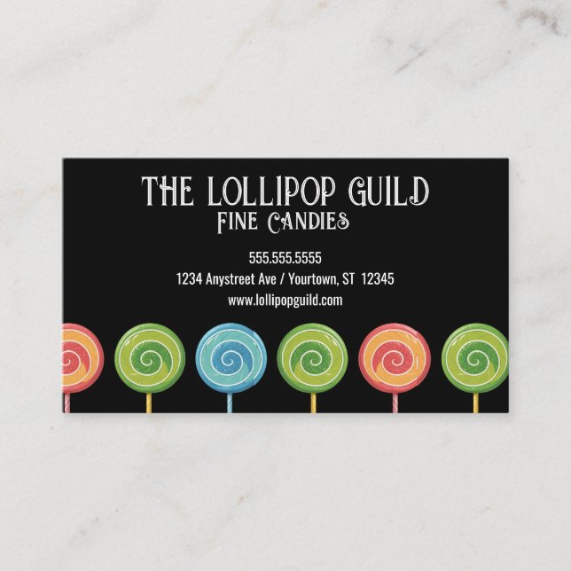 Lollipops on Black Background Candy Shop Business Card (Front)