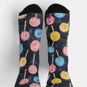 Lollypop Candy Sweet Chalk Drawing Pattern Black Socks