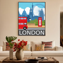 London art print retro travel phone box red bus