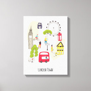 London Artsy Map Cartoon Landmarks People Canvas Print