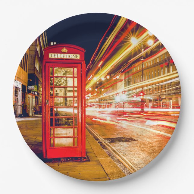 London at Night with British Red Telephone Box Paper Plate (Front)