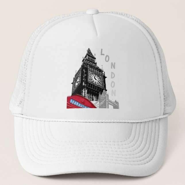 London Big Ben Clock Tower Red Telephone Box Trucker Hat (Front)