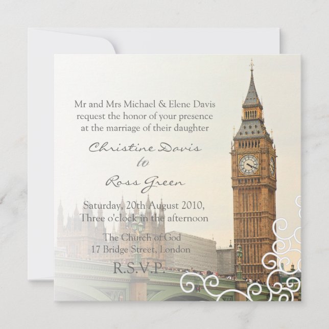 London Big Ben personalised wedding invitation (Front)
