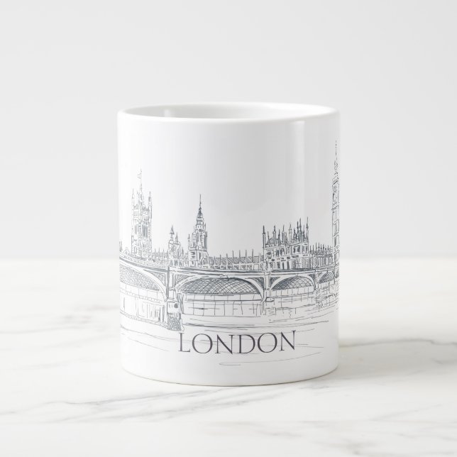 London Bridge and Big Ben Iconic Skyline Sketch Large Coffee Mug (Front)