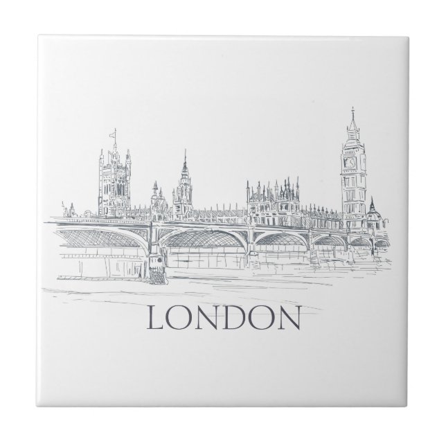 London Bridge Big Ben and Skyline Ink Drawing Tile (Front)