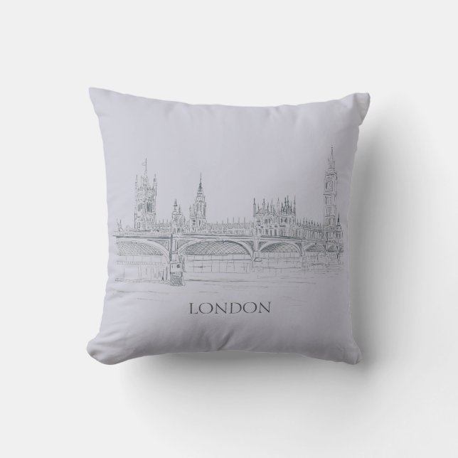London Bridge Big Ben and Skyline Ink Sketch Cushion (Front)