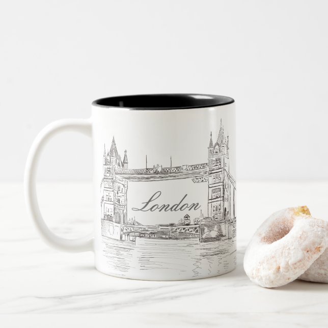 London Bridge Grey Ink Architectural Drawing Two-Tone Coffee Mug (With Donut)