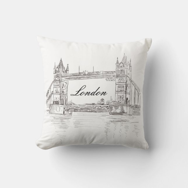 London Bridge Grey Ink architectural illustration Cushion (Front)