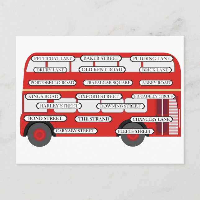 London Bus & Famous Street Names Postcard (Front)