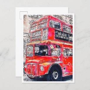 London Bus vintage travel watercolor Postcard