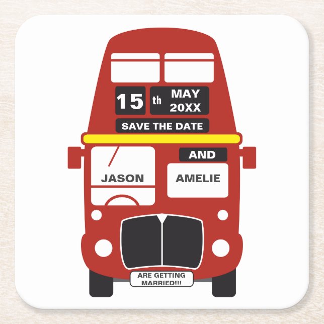 London Bus Wedding Save the Date  Square Paper Coaster (Front)