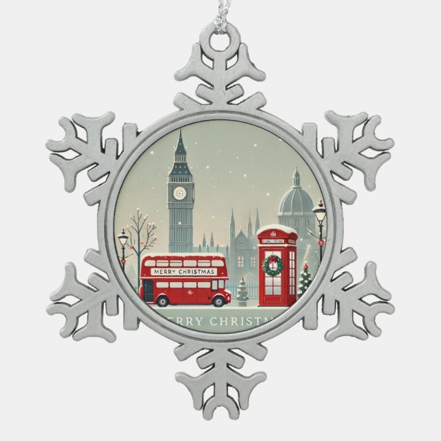 London Christmas | Big Ben & Festive London Snowflake Pewter Christmas Ornament (Front)