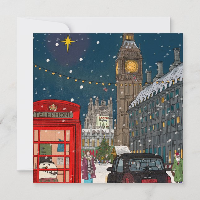 London Christmas Night Cityscape Retro-inspired Holiday Card (Front)