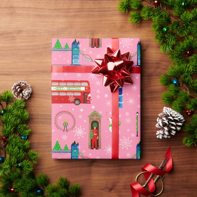 London Christmas Pink Pattern Background Wrapping Paper (Holiday Gift)