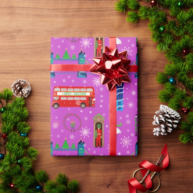 London Christmas Purple Pattern Background Wrapping Paper (Holiday Gift)