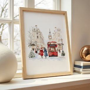 London Christmas Watercolor Cityscape Poster