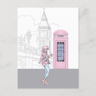 London City Girl with Pink Phone Box Postcard
