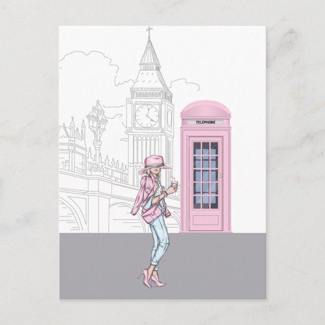 London City Girl with Pink Phone Box  Postcard (Front)