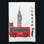 London City Tea Towel<br><div class="desc">London city life graphic design with Big Ben,  red bus and a gentleman walking the town.</div>